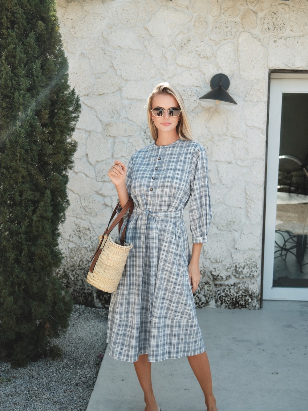 Casual Blue Plaid Tie-Waist Midi Dress - Lightweight Dress